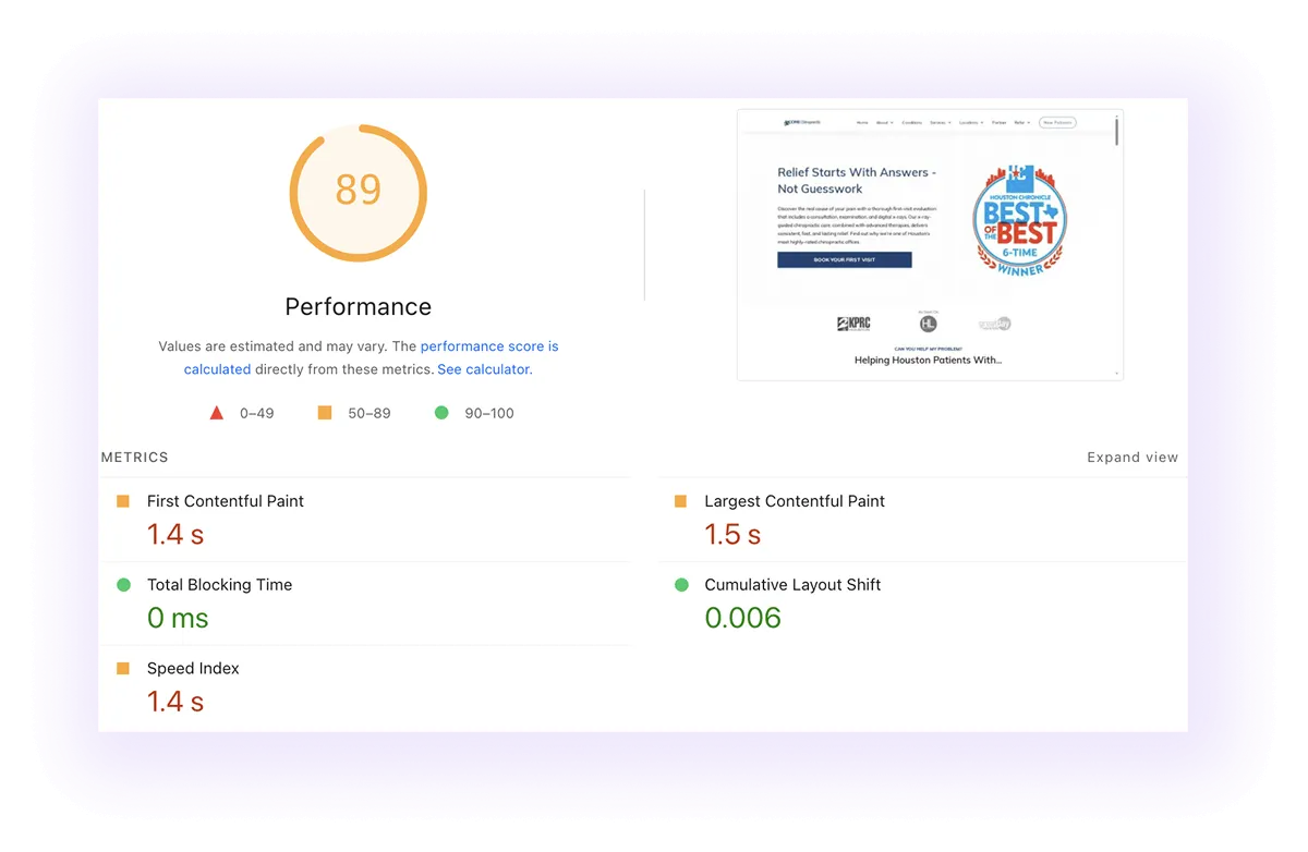performance score and core web vitals of a chiropractor's website