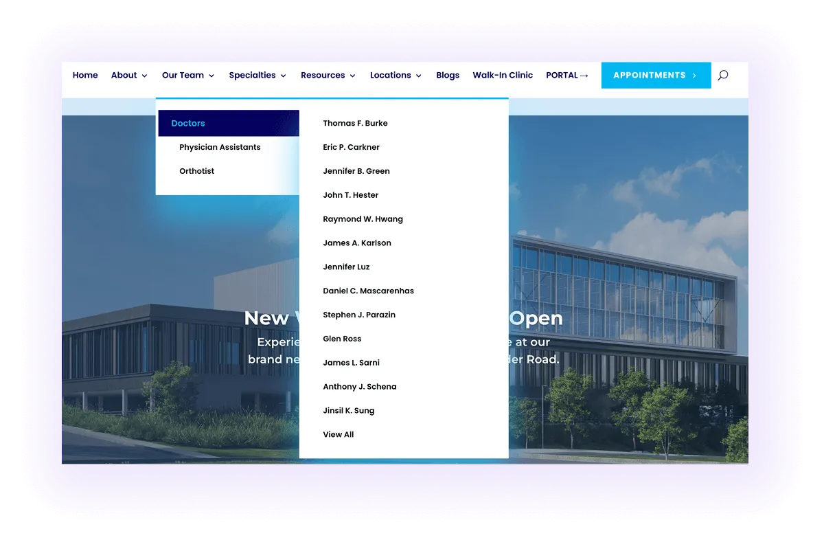 orthopedic website navigation bar with orthopedic doctors' pages on a drop-down menu