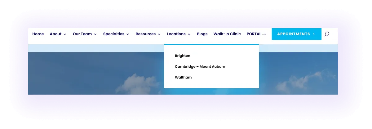 orthopedic website navigation bar with local pages on a drop-down menu