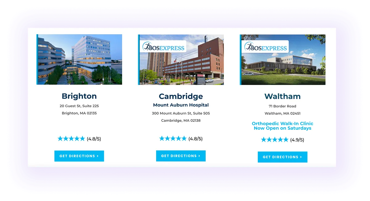 example of location pages linked in the content of the homepage of orthopedic website