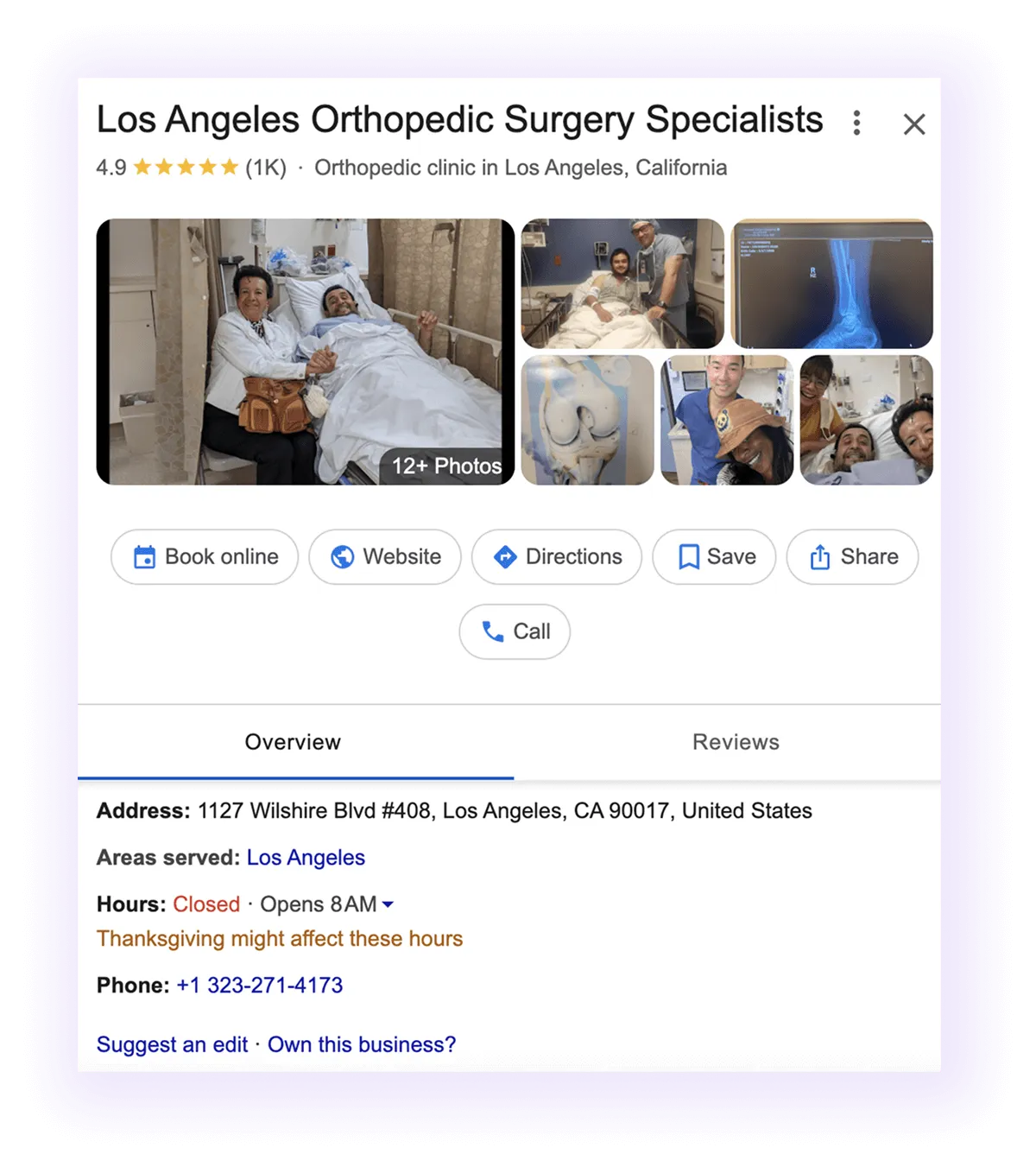Google Business Profile overview and NAP example for an orthopedic GMB listing
