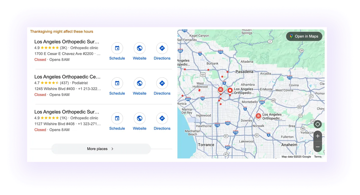 orthopedic Google Business Profiles showing up on Google Maps