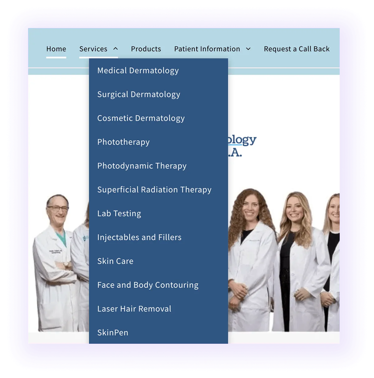 dermatology website navigation bar with dermatology services drop-down menu