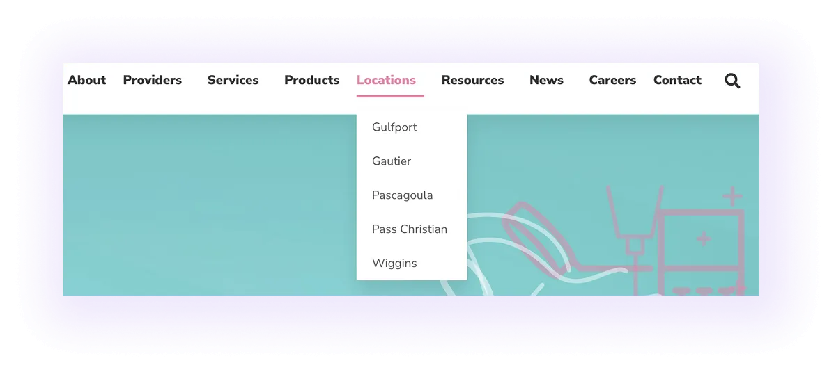 dermatology website navigation bar with local pages on a drop-down menu