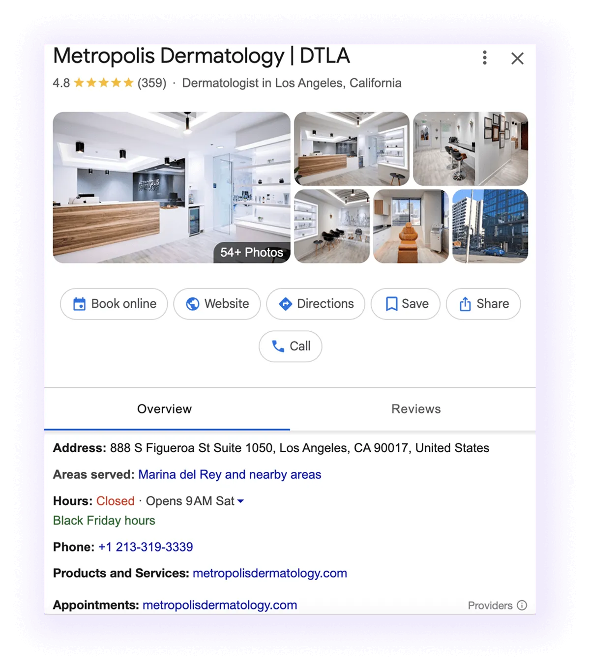 Google Business Profile overview and NAP example for a dermatology GMB listing
