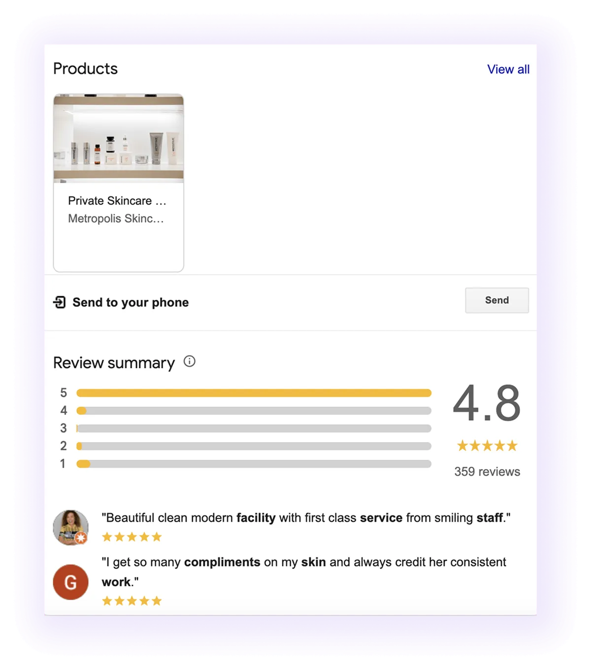 products and review sections example for a dermatology GMB listing