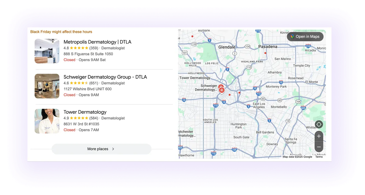 dermatology Google Business Profiles showing up on Google Maps