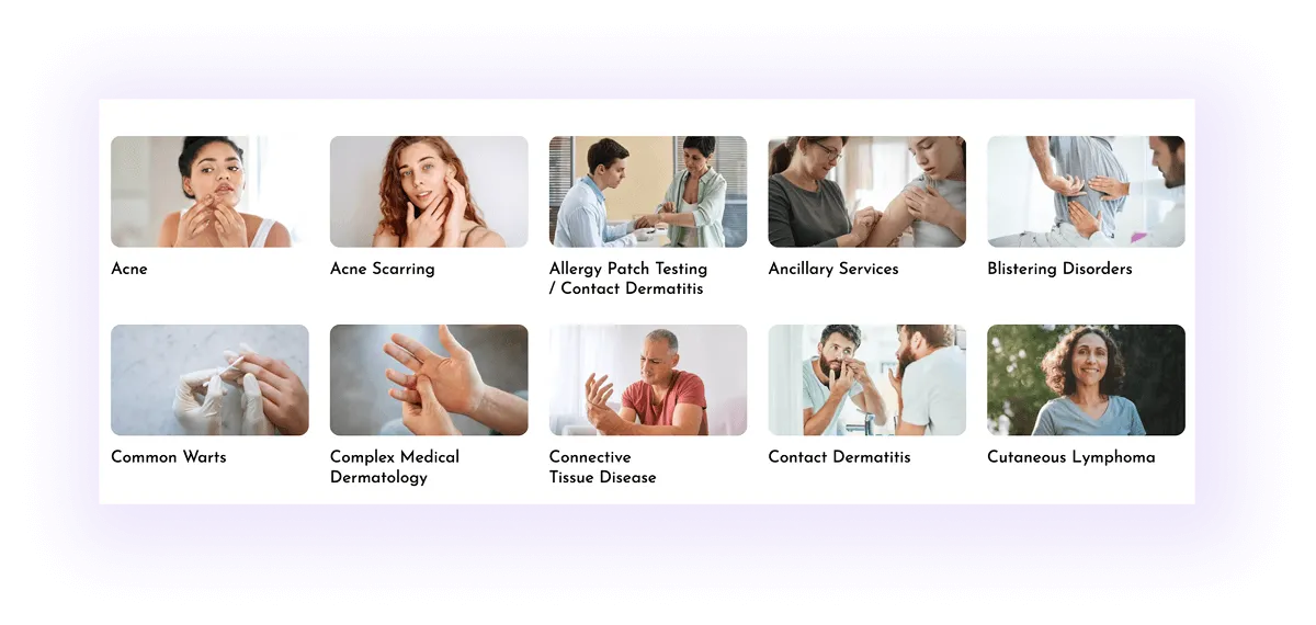 example of service-to-service linking section on dermatology website