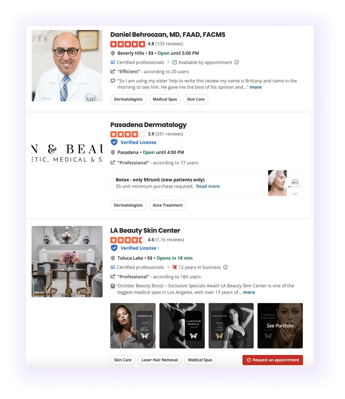 well-optimized dermatology doctor profiles on Yelp