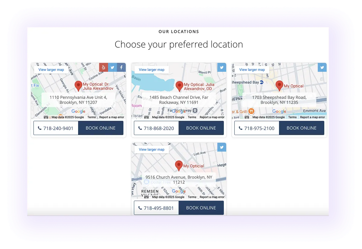 example of location pages with maps and phone details on a central location hub page on a optometry website