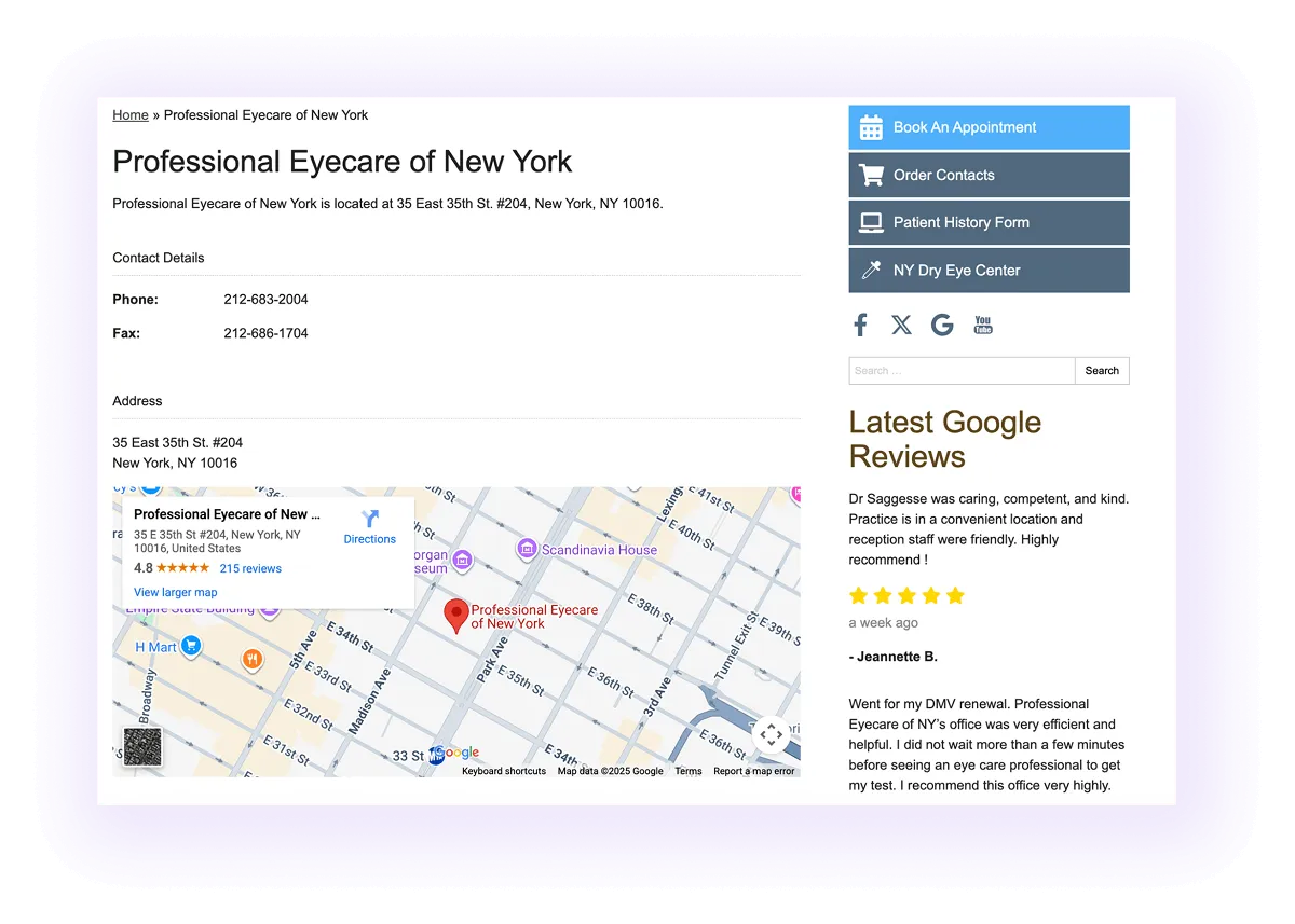 example of a local keyword used in a national optometry website's local page, with a map, location reviews, and contact details