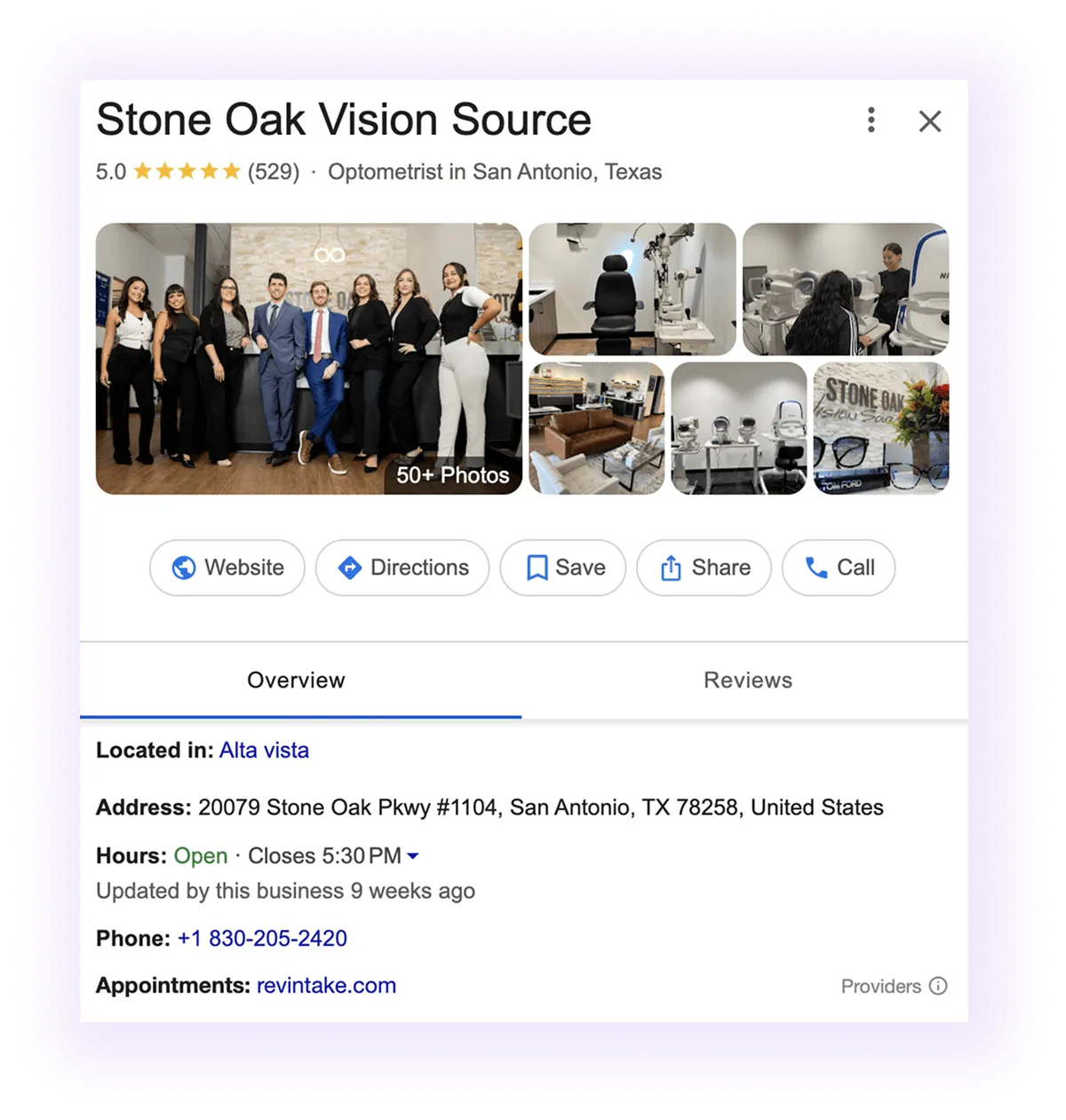 Google Business Profile overview and NAP example for a optometry GMB listing