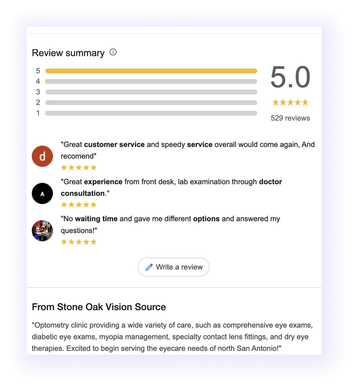 reviews and description sections example for optometry GMB listing
