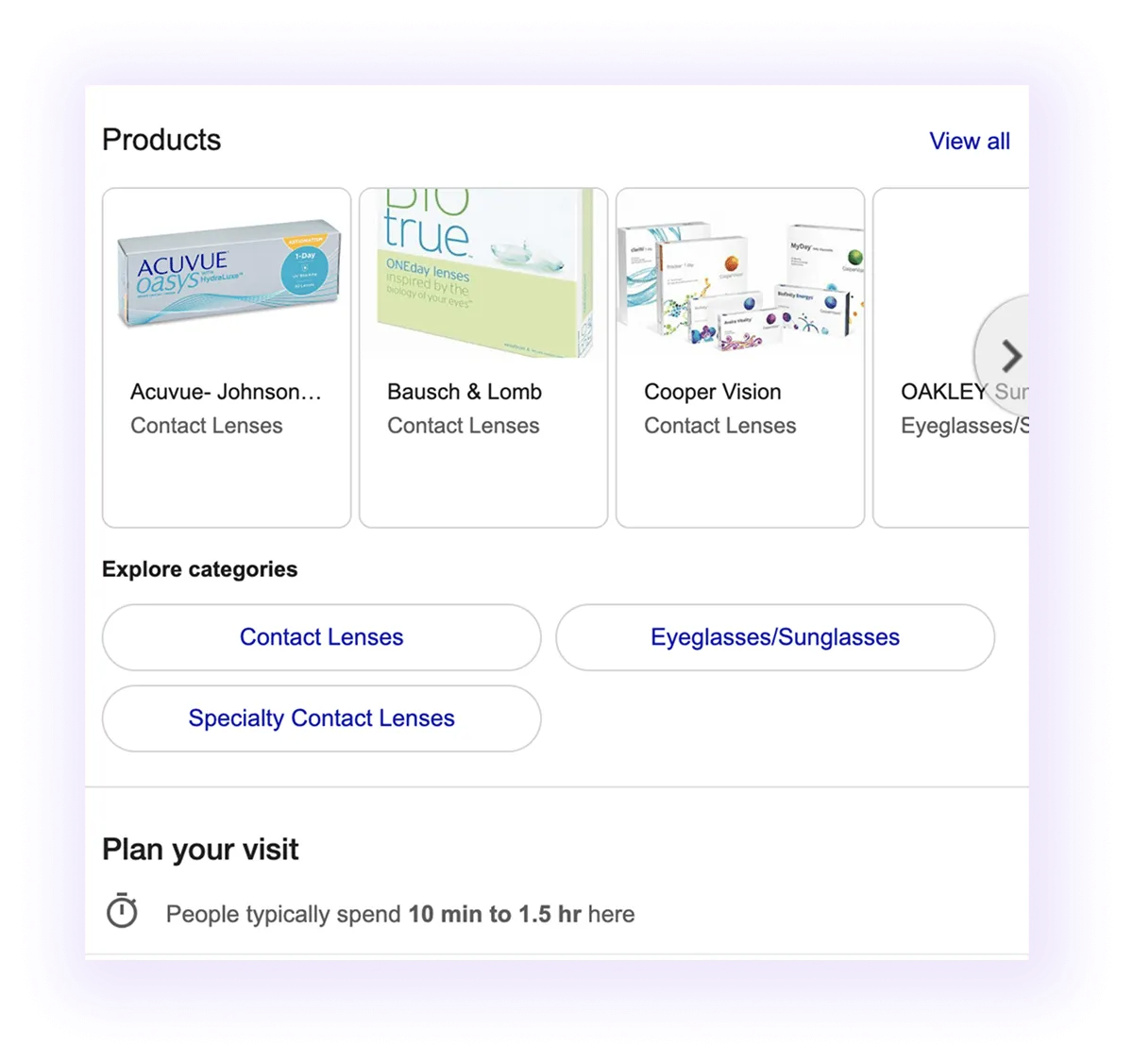 products and categories sections example for optometry GMB listing