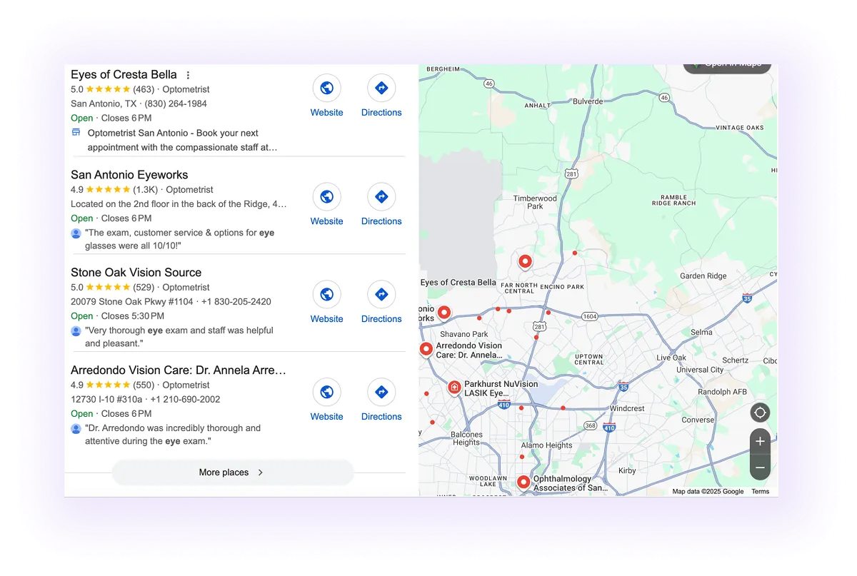 optometry Google Business Profiles showing up on Google Maps