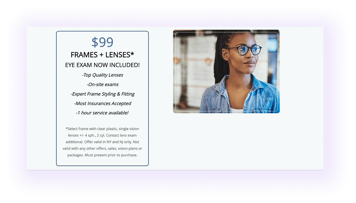 special offers block on an optometry website