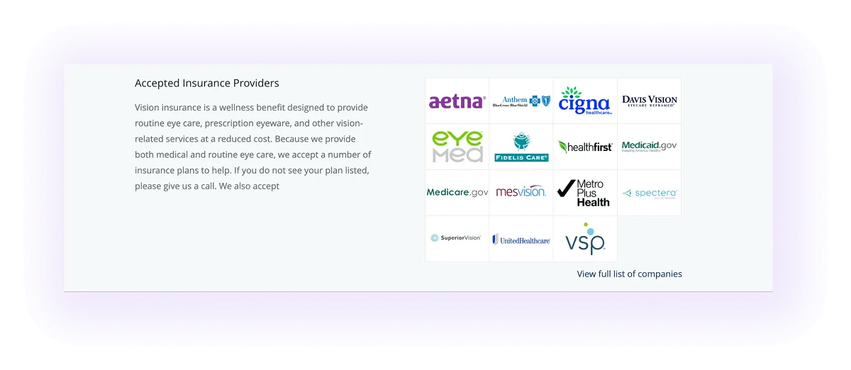 accepted insurance providers block on an optometry website