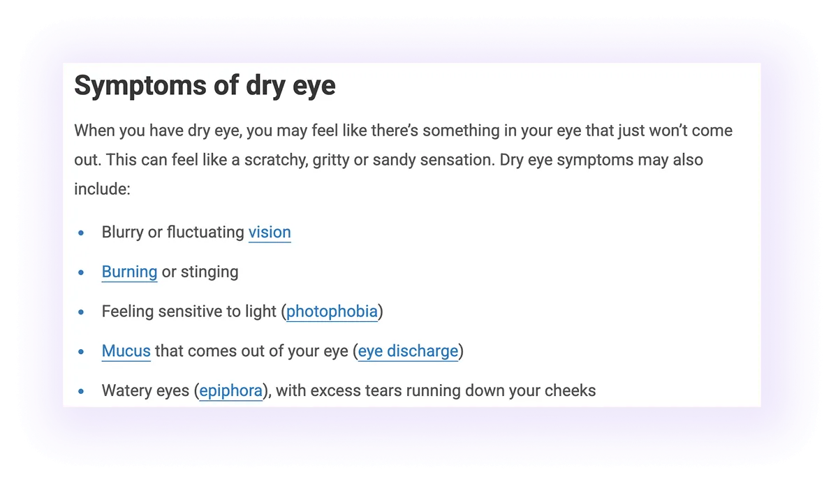 skimable list element in an optometry website blog