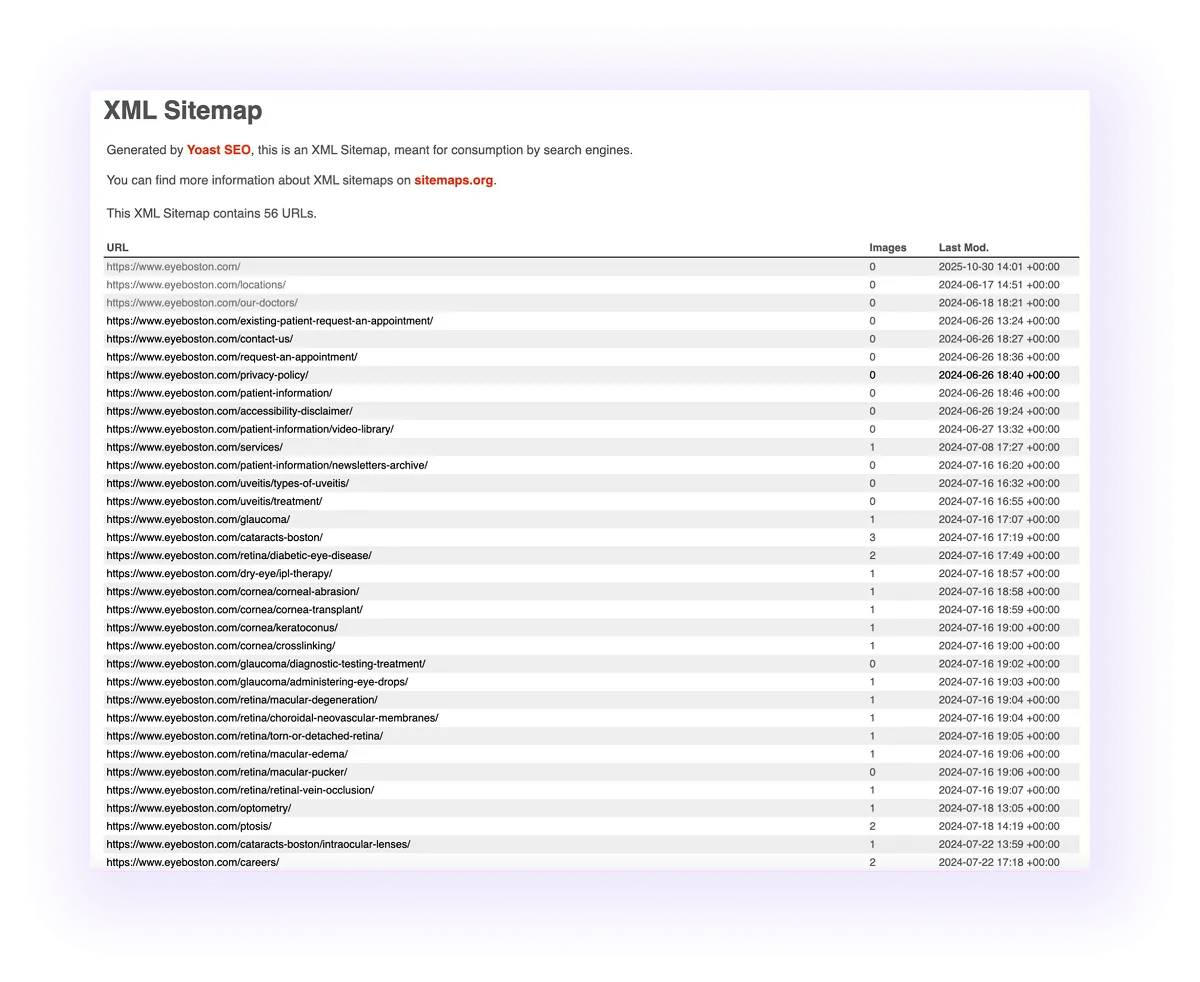 example of an optimized XML sitemap for optometry website