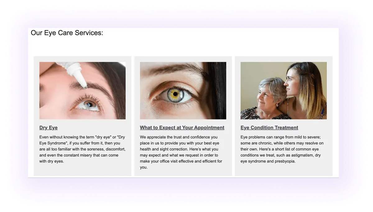 example of service-to-service linking section on optometry website