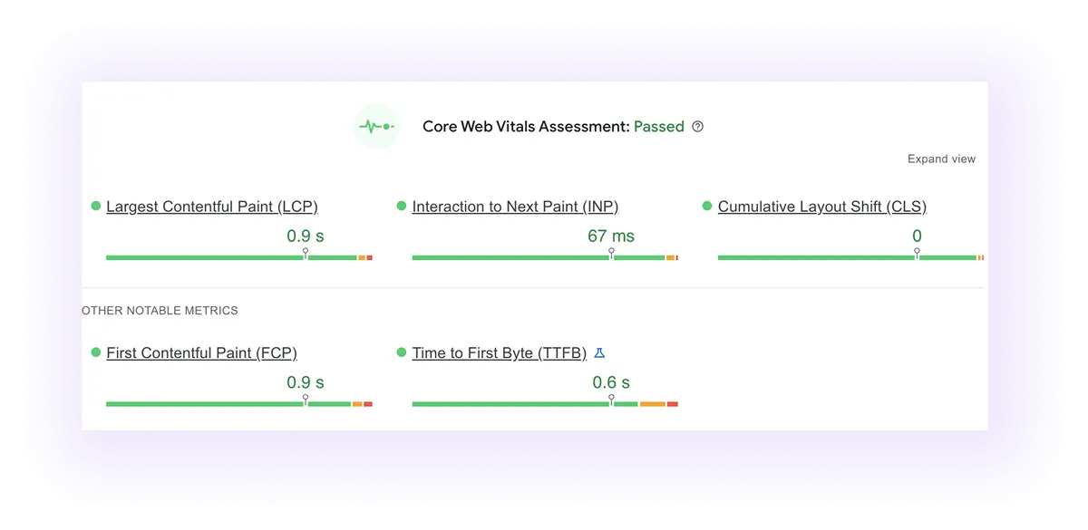 Core Web Vitals assessment passes result for optometry website
