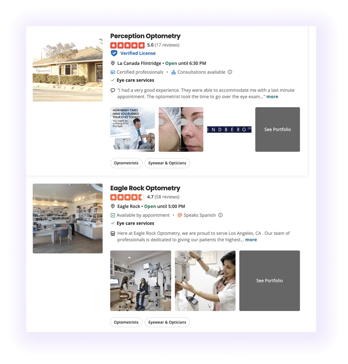 well-optimized optometrist and optometry clinic profiles on Yelp