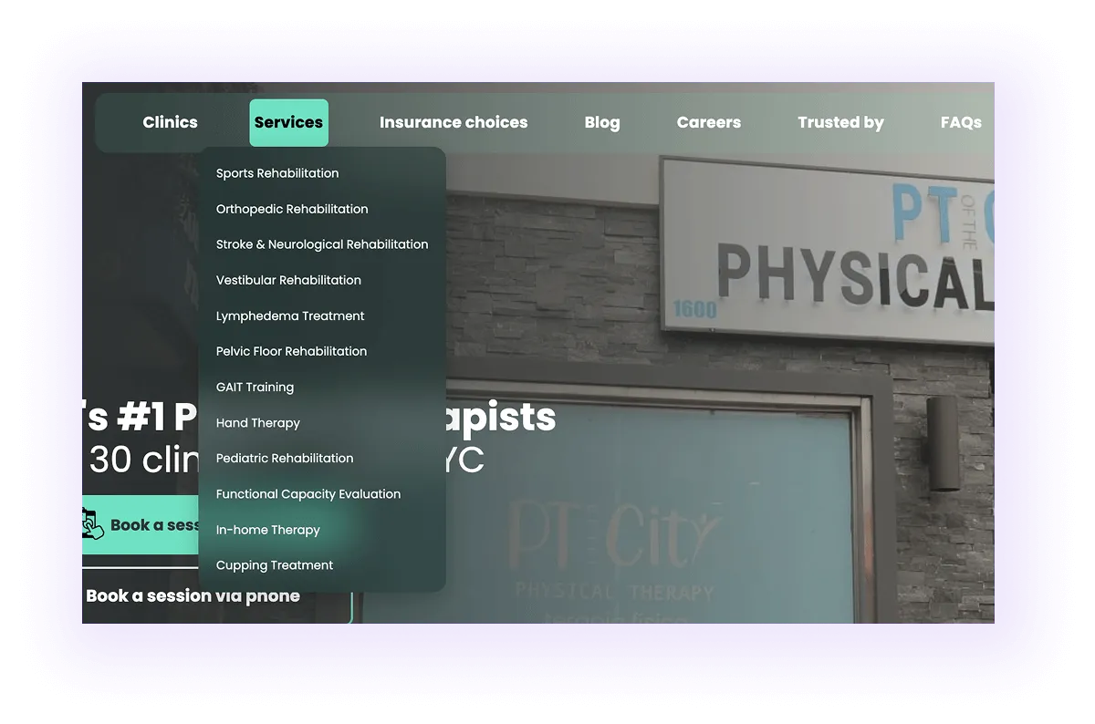 physiotherapy website navigation bar with physical therapy services drop-down menu