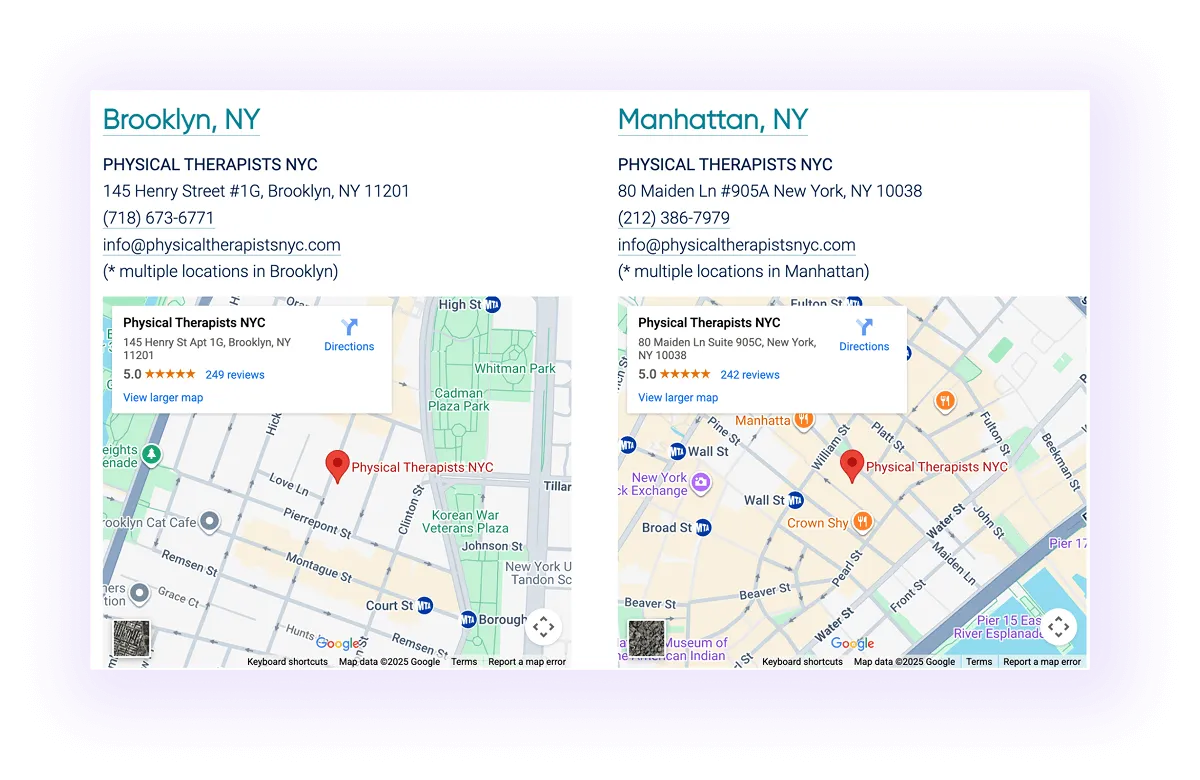 example of location pages with maps and contact details on a central location hub page on a physiotherapy website
