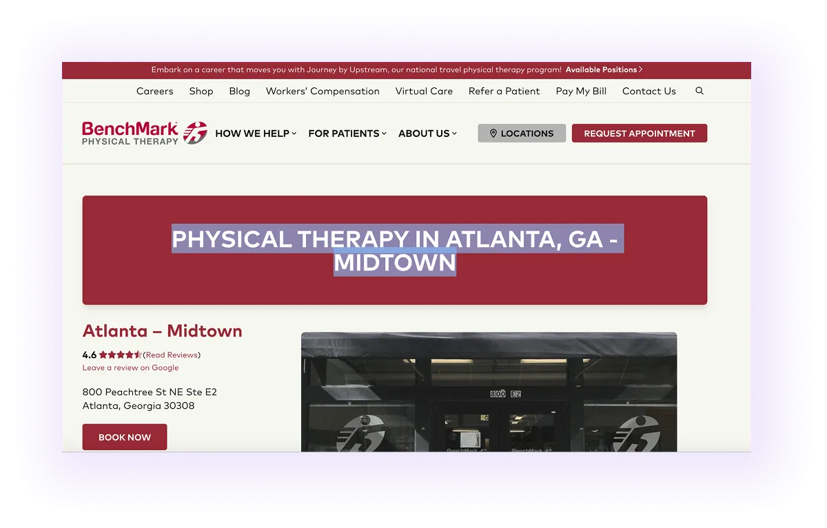 example of a local keyword used in a national physical therapy website's local page