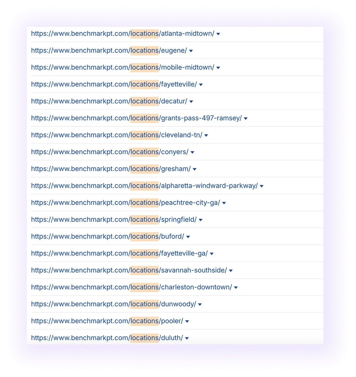 optimized URL structure for location pages in a national physiotherapy website