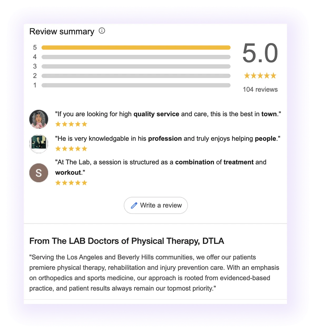 reviews and description sections example for physical therapy clinic GMB listing