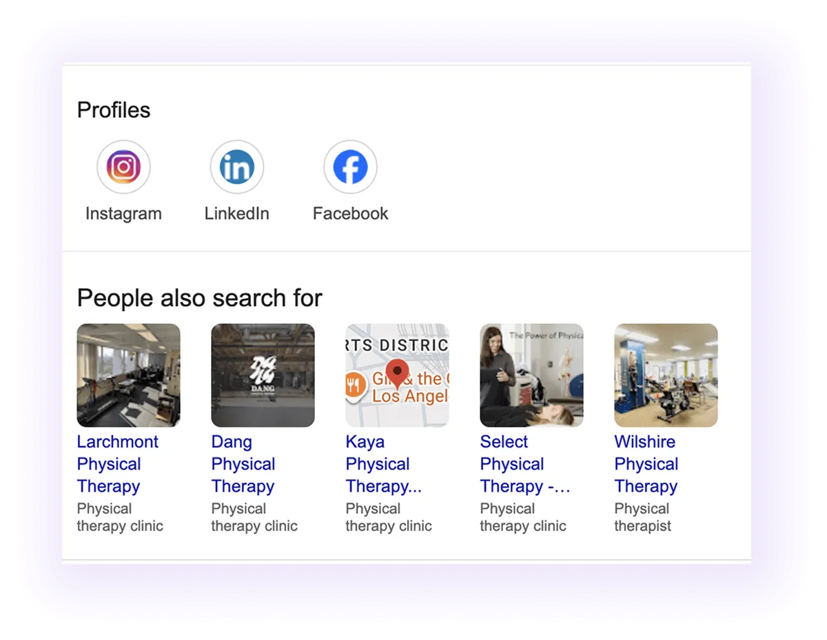social profiles and PAA sections example for physical therapy clinic GMB listing