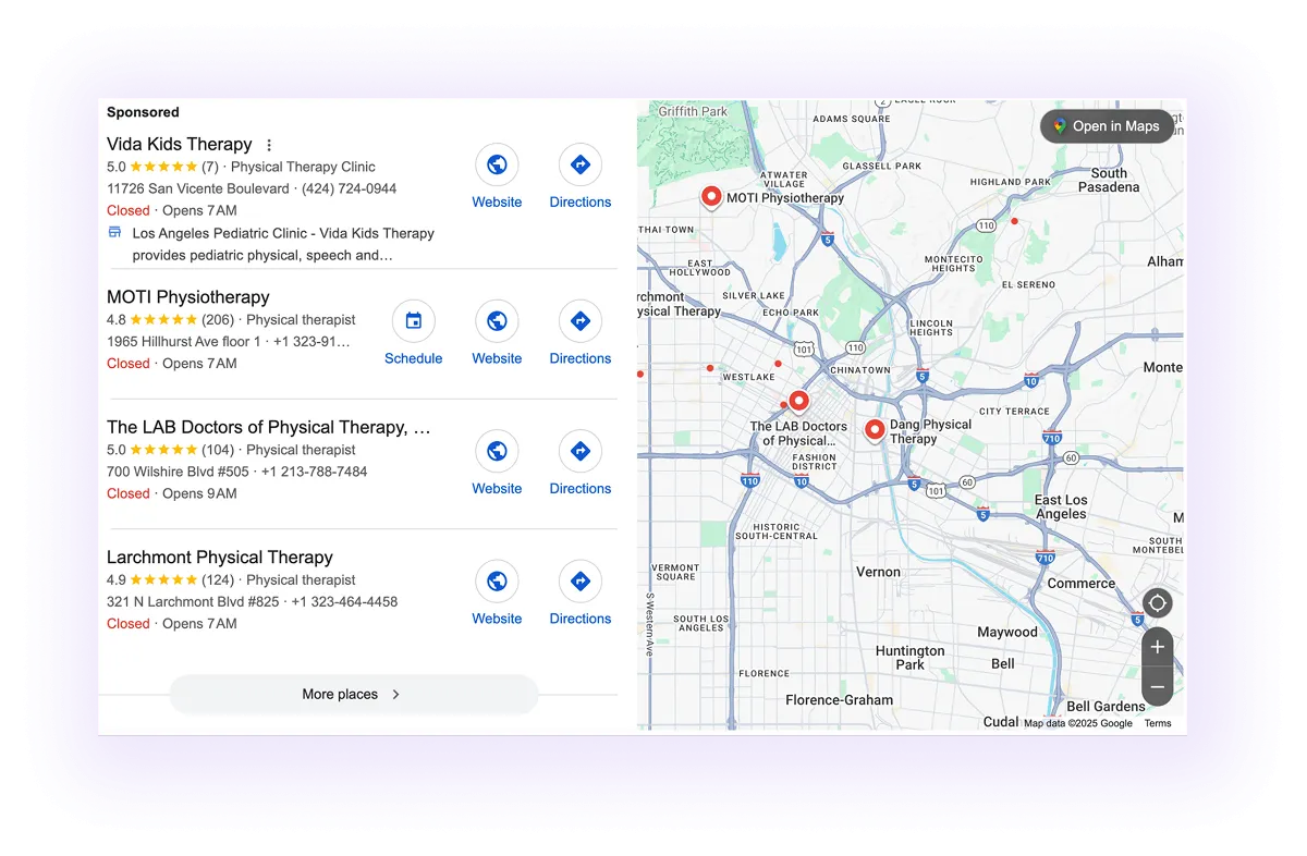  physical therapy clinic Google Business Profiles showing up on Google Maps