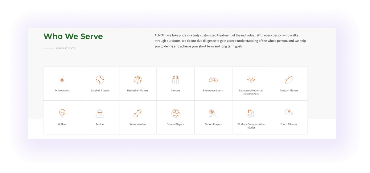 a “Who we serve” block on a physiotherapy website
