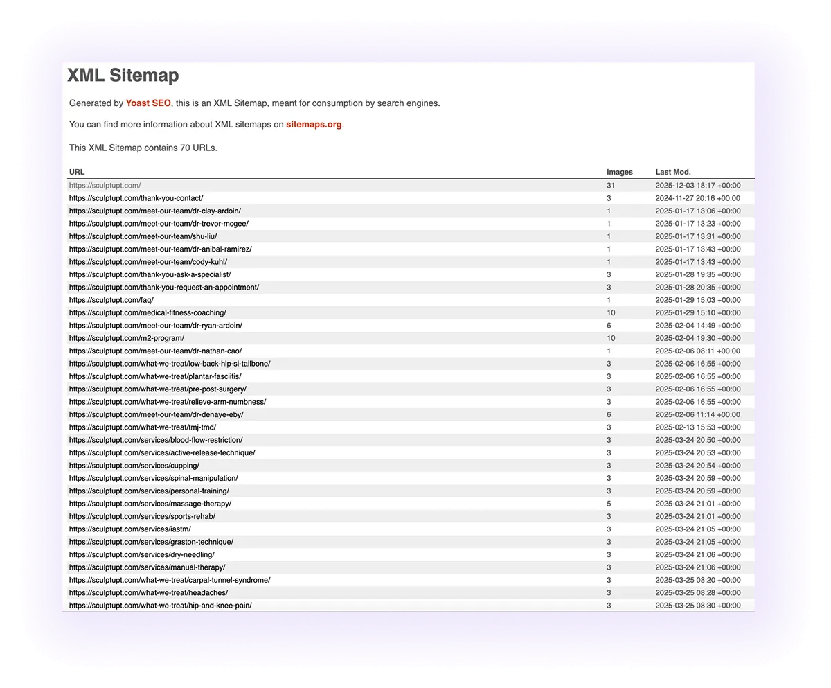 example of an optimized XML sitemap for physiotherapy website