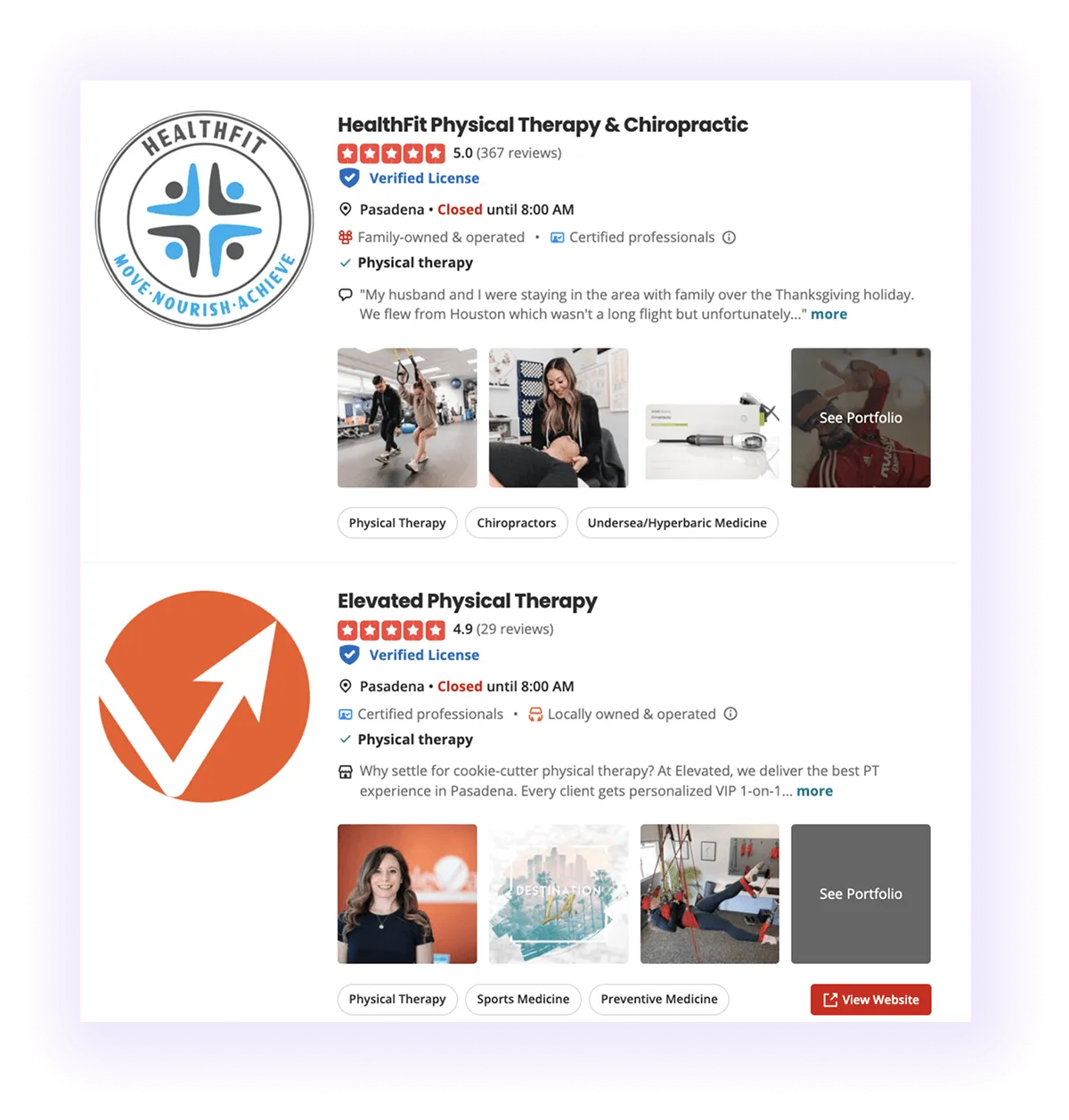 well-optimized physiotherapy clinic profiles on Yelp