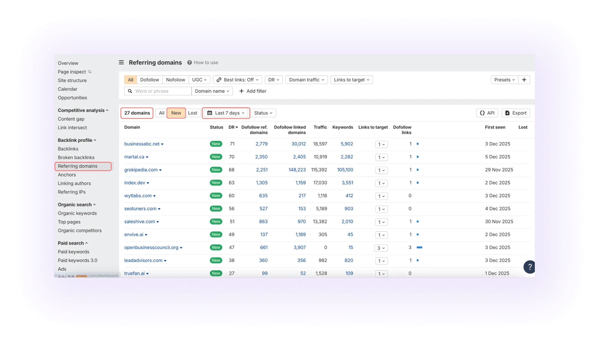 Monitor the number of domains linking to your website on Ahrefs