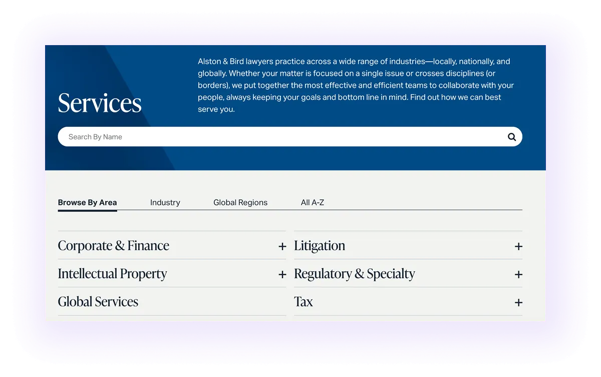 practice area pages linked in a service hub page  on a law firm website