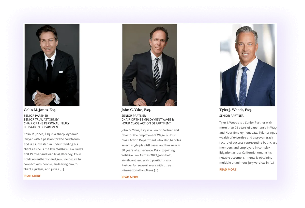 law firm website with legal team profiles linked on a general lawyers and attorneys' page