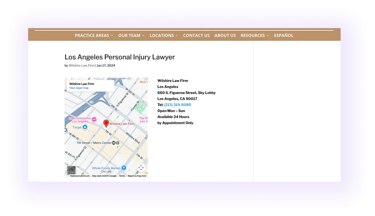  example of a proper location + service title use, local map, and law firm details on a location page on a lawyer website