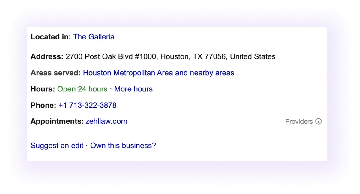 NAP and working hours sections example for a law firm GMB listing