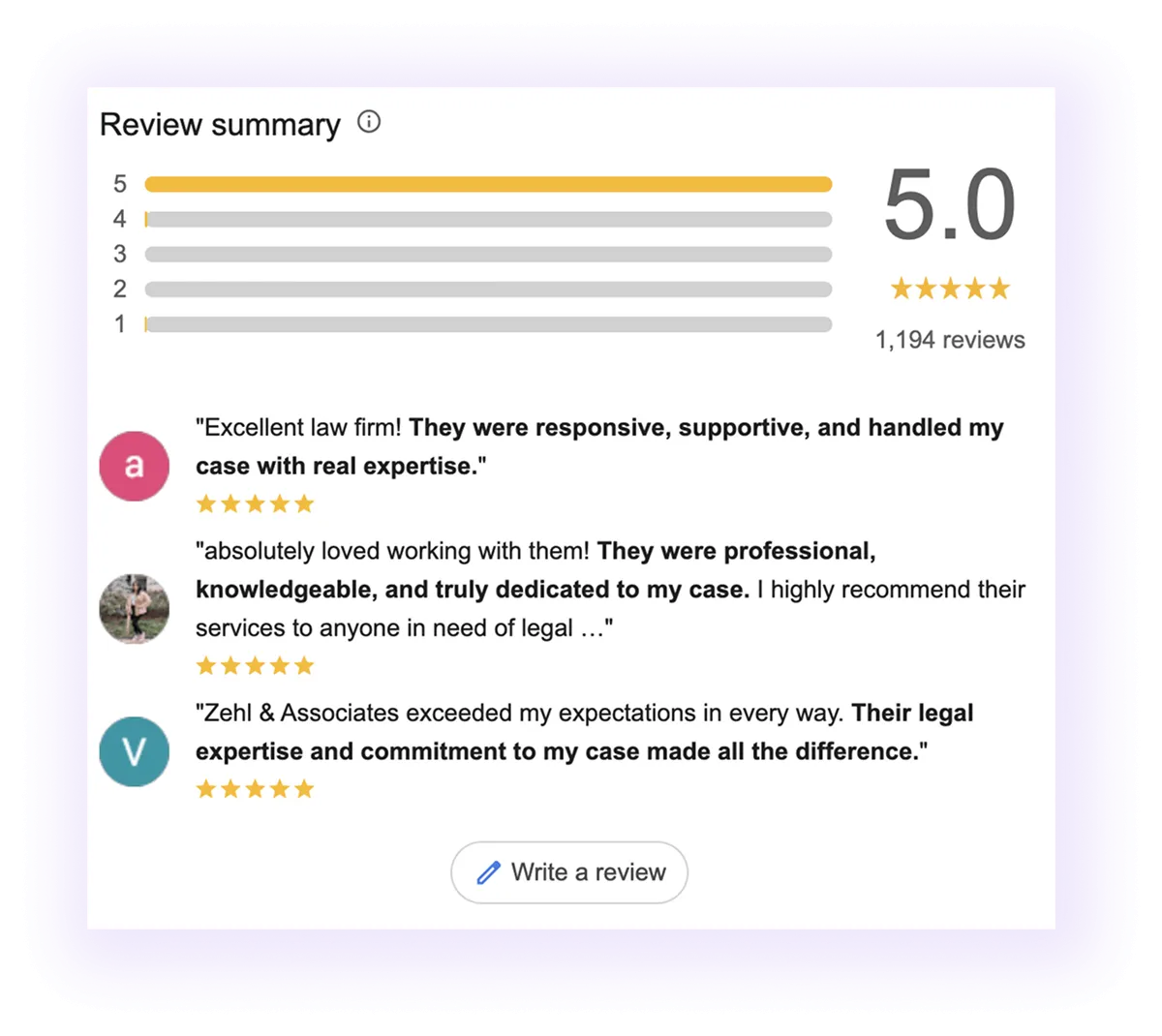 review section example for a law firm GMB listing