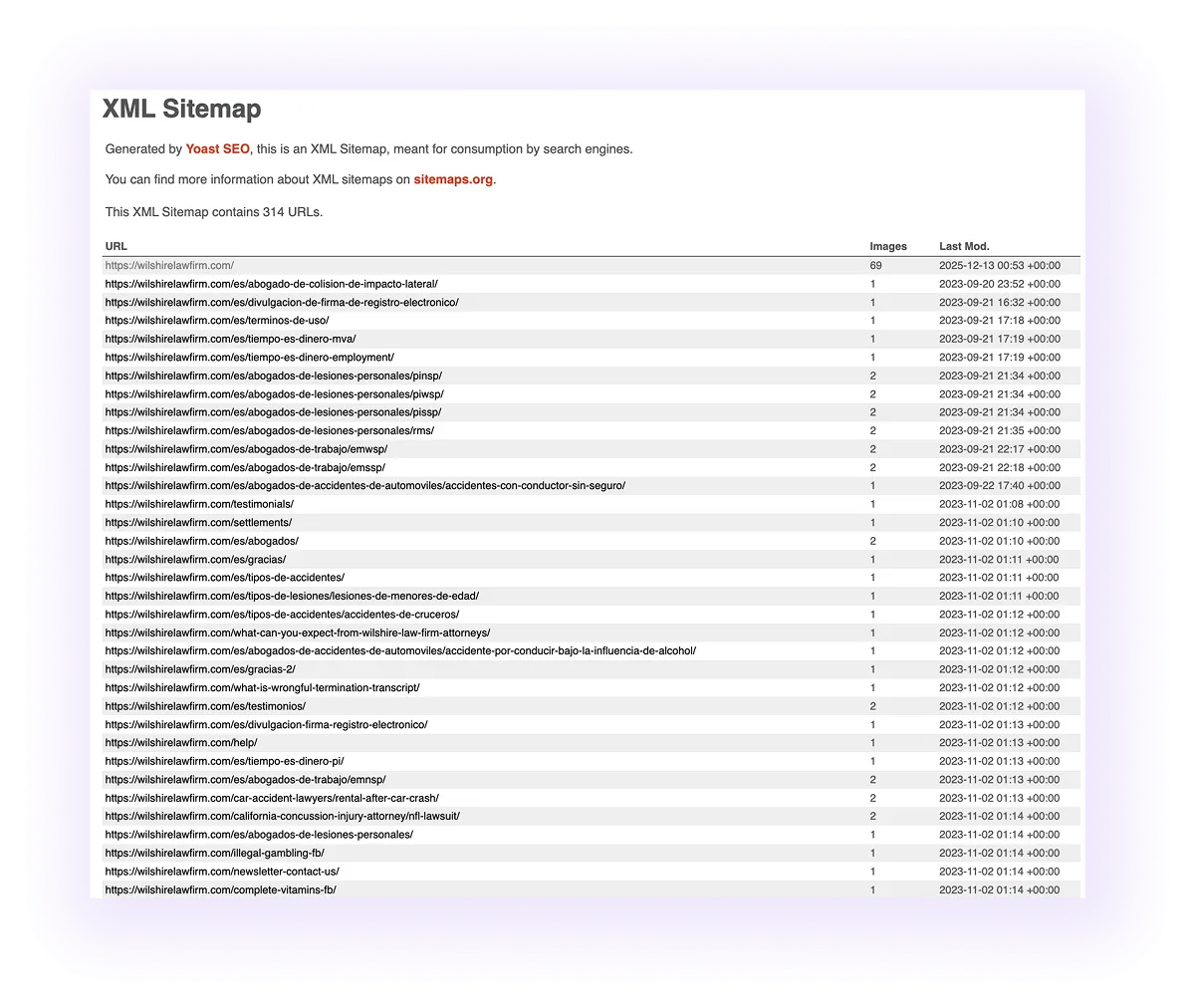 example of an optimized XML sitemap for law firm website