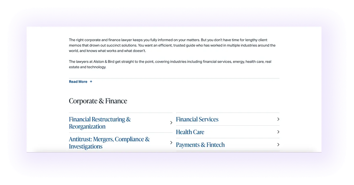 example of service-to-service linking section on a lawyer website