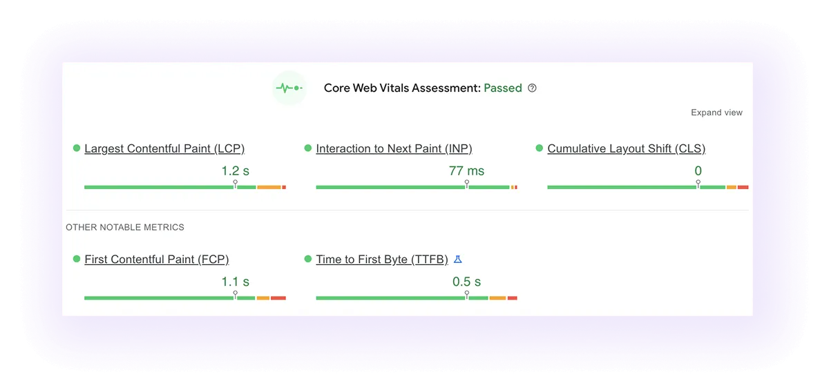 good Core Web Vitals score example of a law firm website
