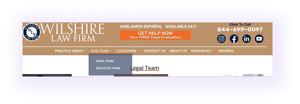 law firm website with legal and executive team profiles linked on the navigation bar