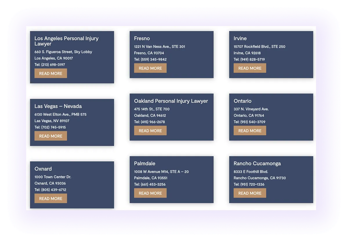 example of local offices' details on a central location hub page on a law firm website