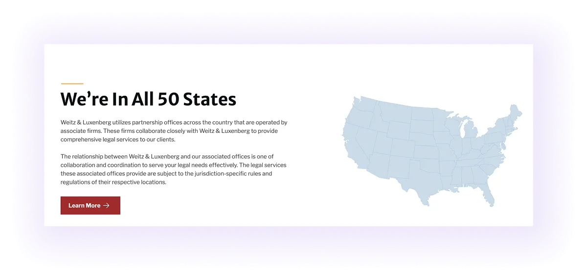 example of an interactive map showing all areas serviced on a lawyer website