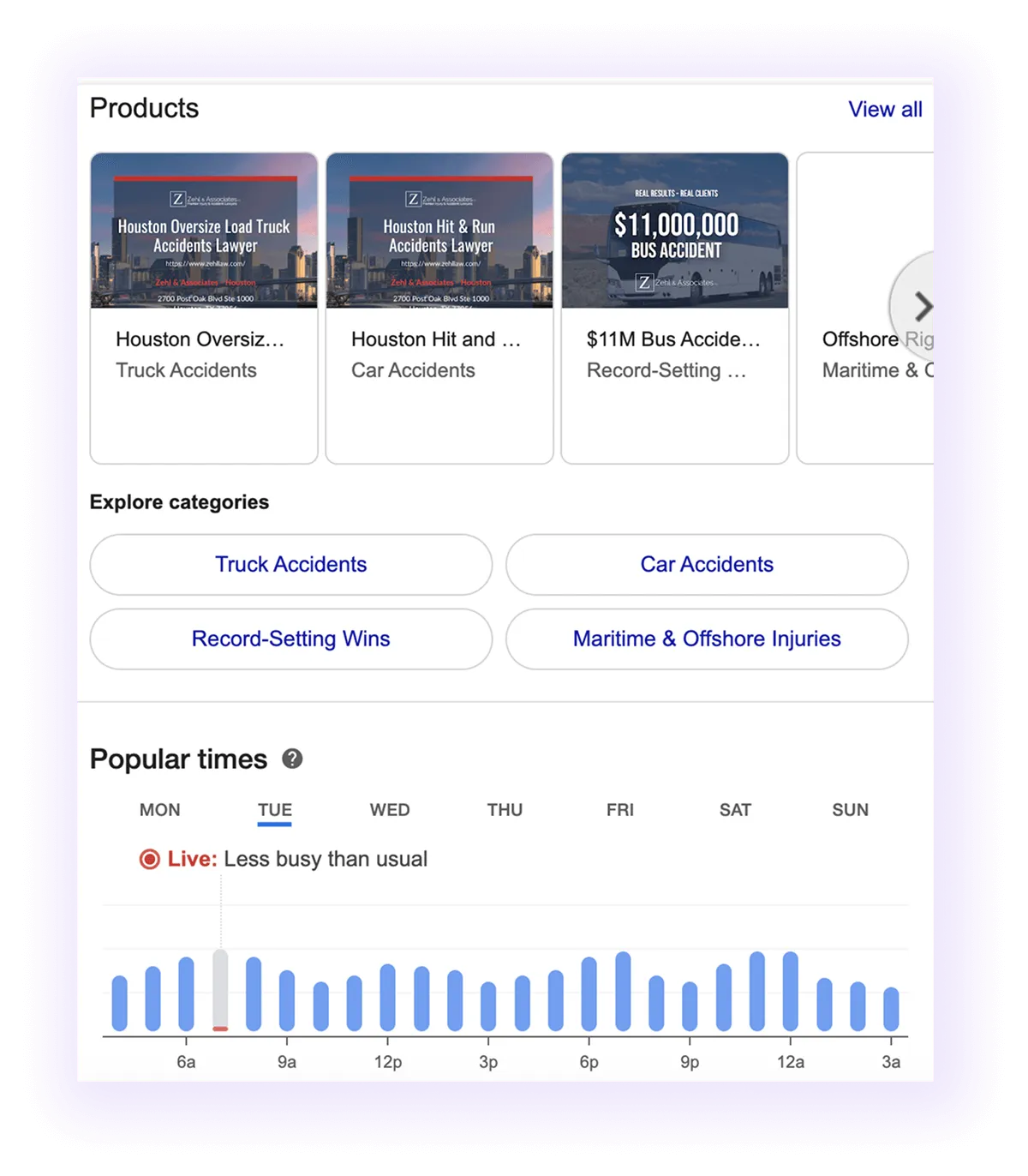  products, categories, and popular times sections example for a law firm GMB listing