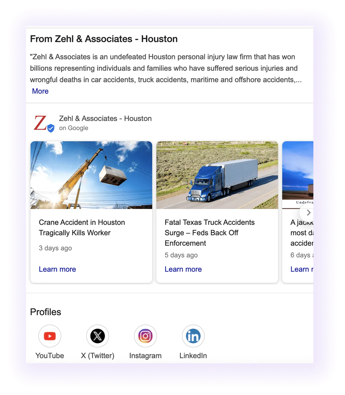 description, news, and social media profiles sections example for a law firm GMB listing